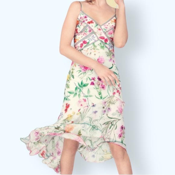 Tadashi Shoji x BHLDN Eva 2 | XS Ivory Pink Floral Chiffon High-Low Midi Formal - Picture 5 of 10